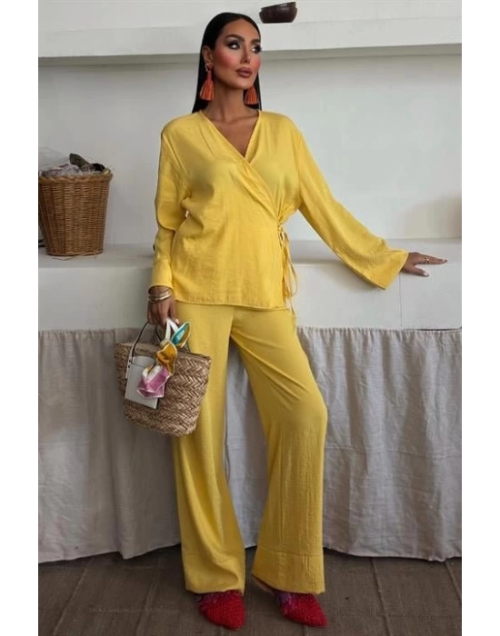 Kruvaze Model Klasik Pantolonlu Çupra Keten Takım 10191