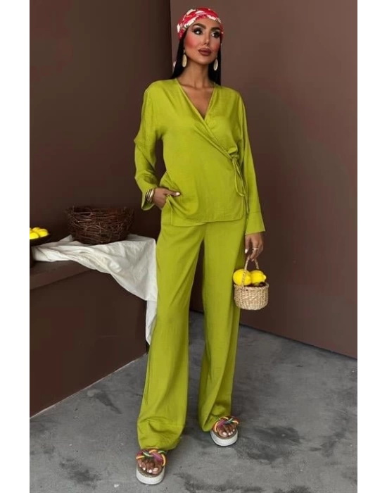 Kruvaze Model Klasik Pantolonlu Çupra Keten Takım 10191