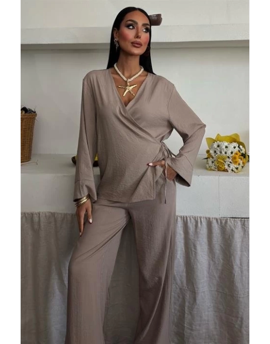 Kruvaze Model Klasik Pantolonlu Çupra Keten Takım 10191