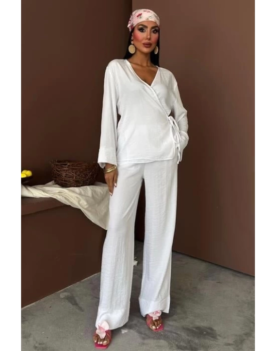 Kruvaze Model Klasik Pantolonlu Çupra Keten Takım 10191