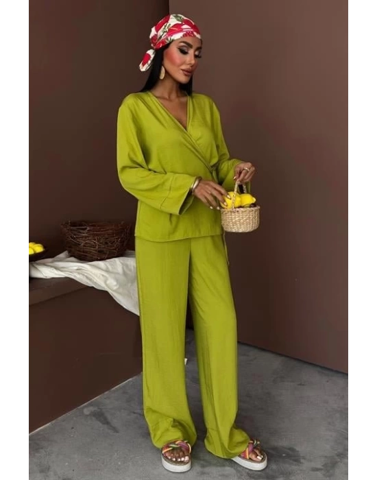 Kruvaze Model Klasik Pantolonlu Çupra Keten Takım 10191