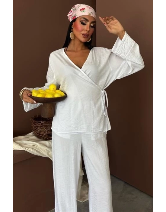 Kruvaze Model Klasik Pantolonlu Çupra Keten Takım 10191
