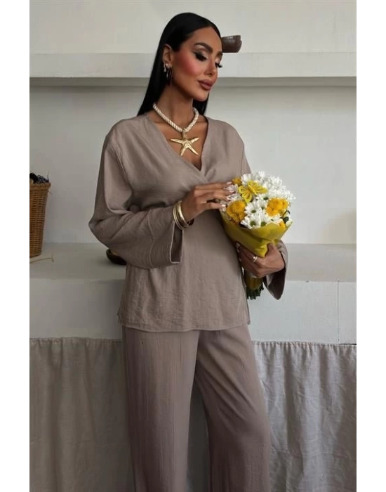 Kruvaze Model Klasik Pantolonlu Çupra Keten Takım 10191