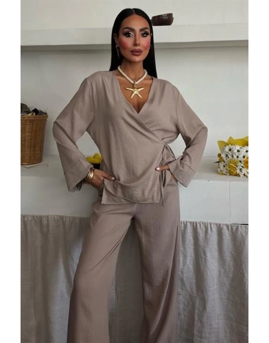 Kruvaze Model Klasik Pantolonlu Çupra Keten Takım 10191
