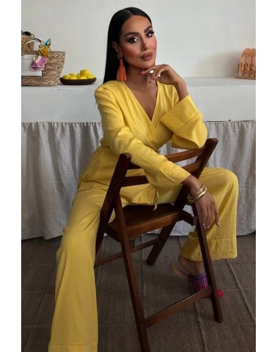 Kruvaze Model Klasik Pantolonlu Çupra Keten Takım 10191