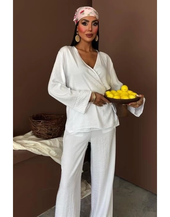 Kruvaze Model Klasik Pantolonlu Çupra Keten Takım 10191