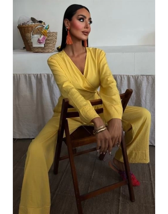 Kruvaze Model Klasik Pantolonlu Çupra Keten Takım 10191