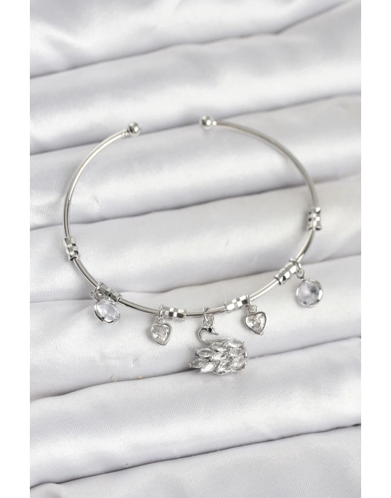 Kuğu Charmlı Gümüş Renk Kadın Bileklik