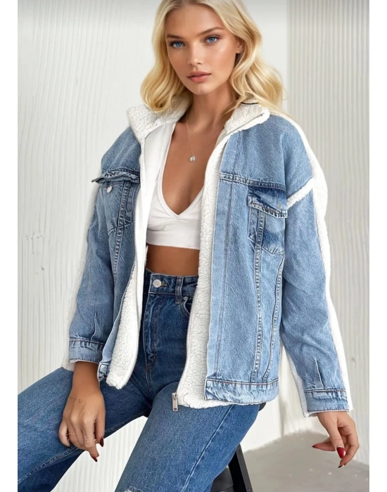 Kürklü kot ceket mavi t7009