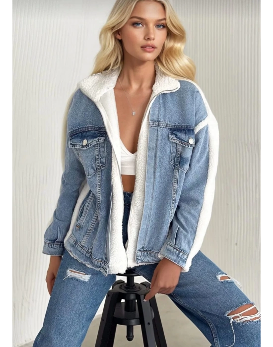 Kürklü kot ceket mavi t7009