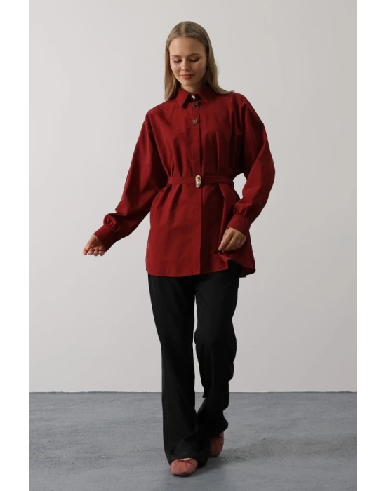 Kuşak Detaylı Tunik Gömlek - Bordo