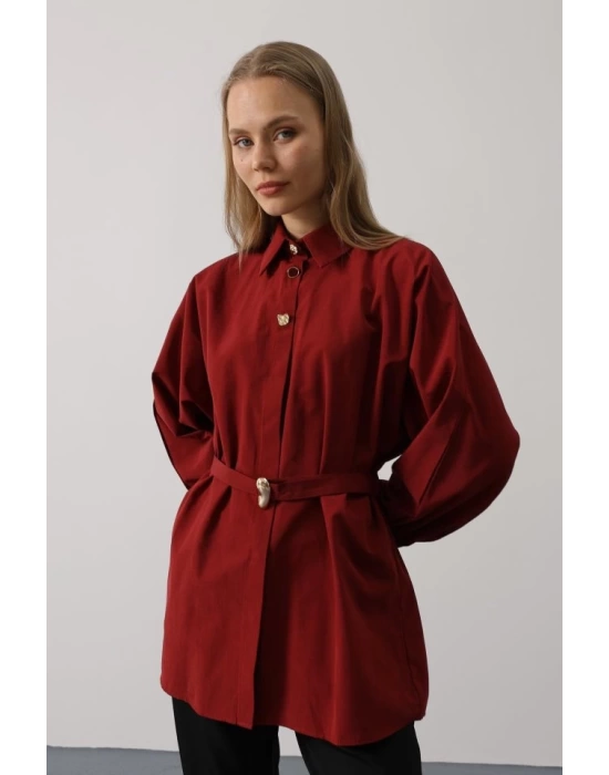Kuşak Detaylı Tunik Gömlek - Bordo