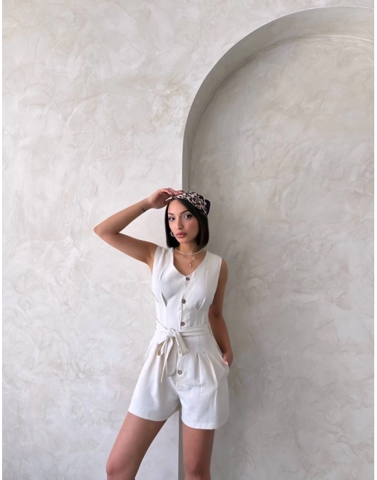 Kuşaklı şortlu tulum