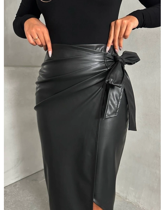 Kuşaklı uzun deri etek siyah h26414