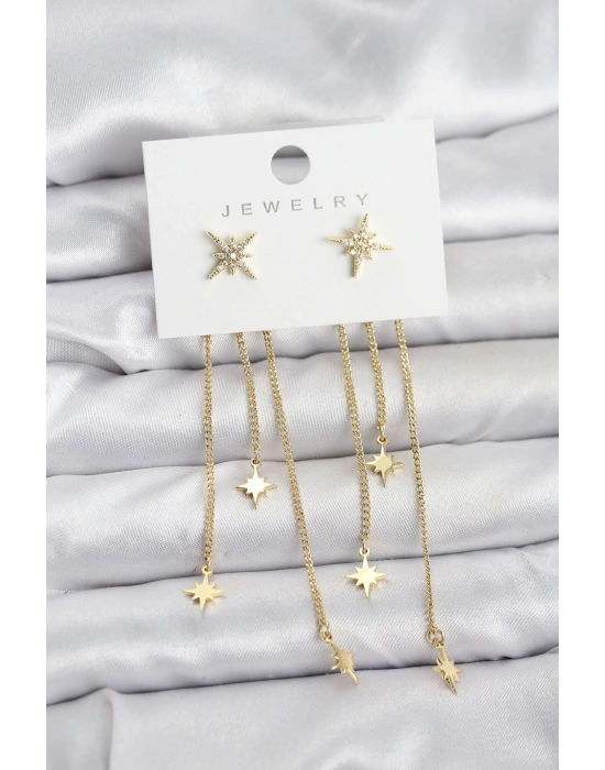 Kutup Yıldızı Model Gold Renk Pirinç Sallantılı Kadın Küpe
