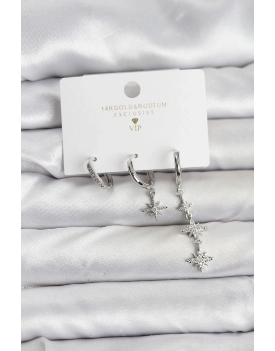 Kutup Yıldızı Model Gümüş Renk Pirinç 3lü Kadın Küpe Seti