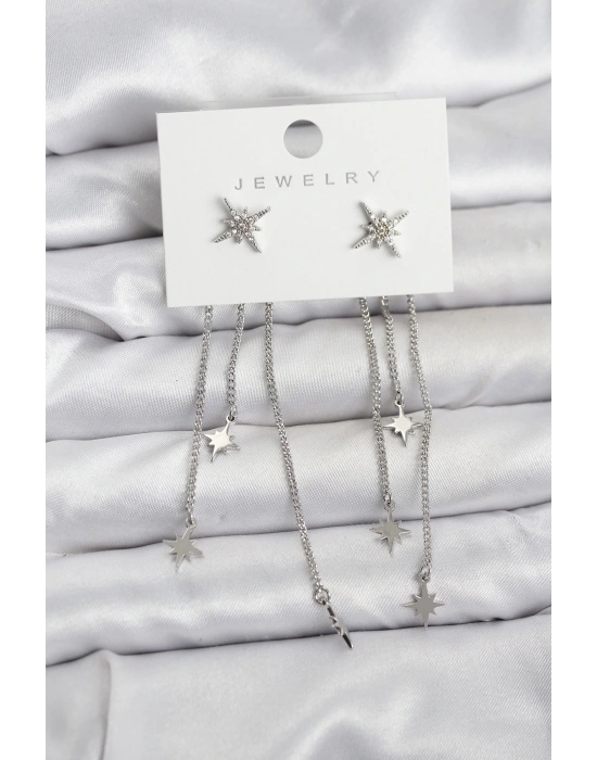 Kutup Yıldızı Model Gümüş Renk Pirinç Sallantılı Kadın Küpe