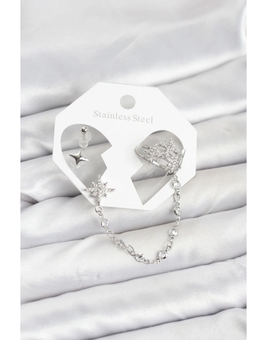 Kutup Yıldızı Model Pirinç Gümüş Renk Zincir Bağlantılı Ear Cuff Küpe Seti