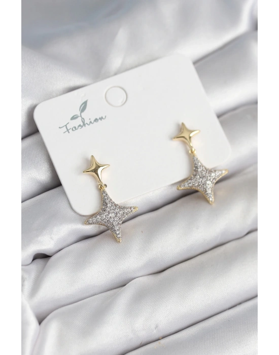 Kutup Yıldızı Pirinç Gold Renk Zirkon Taşlı Kadın Küpe