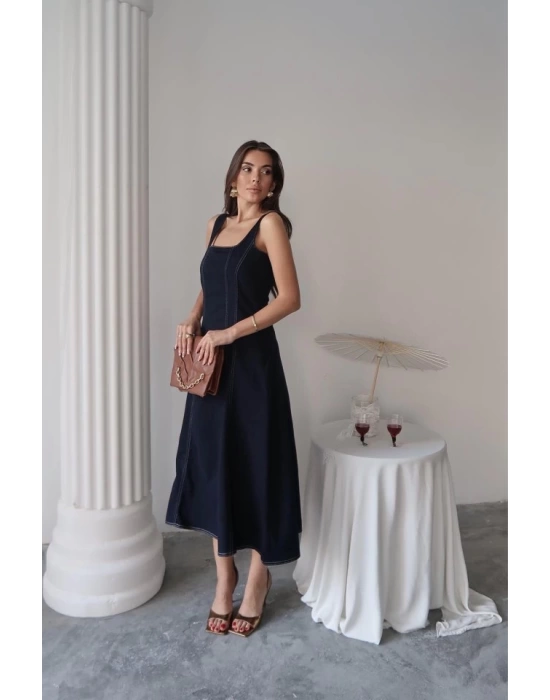 Lacivert Çift Dikişli Gabardin Elbise