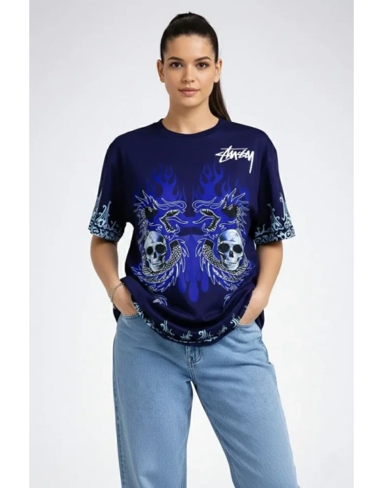 Lacivert Oversize Tişört Dragon - Kuru Kafa Baskılı Bisiklet Yaka T-Shirt - Lacivert