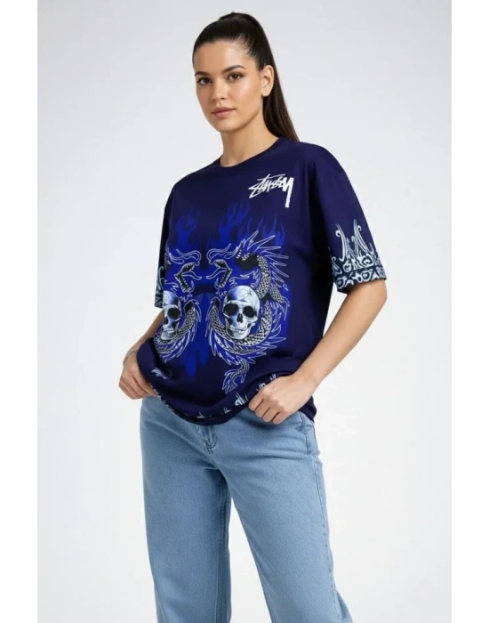 Lacivert Oversize Tişört Dragon - Kuru Kafa Baskılı Bisiklet Yaka T-Shirt - Lacivert