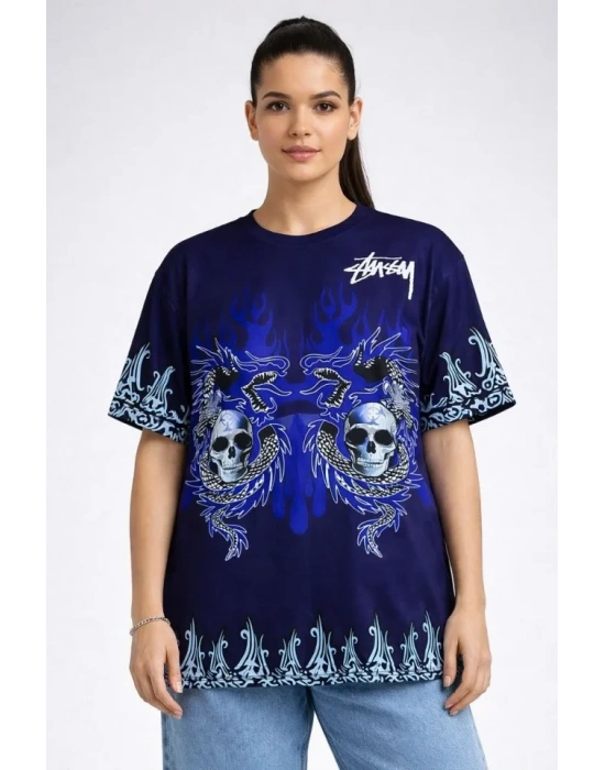 Lacivert Oversize Tişört Dragon - Kuru Kafa Baskılı Bisiklet Yaka T-Shirt - Lacivert