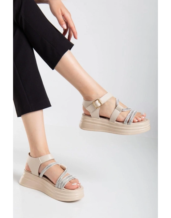 Lenda Bej Cilt Kemerli Sandalet