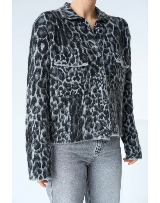 Leopar Desen Jakarlı Hırka - Siyah-Açık Gri