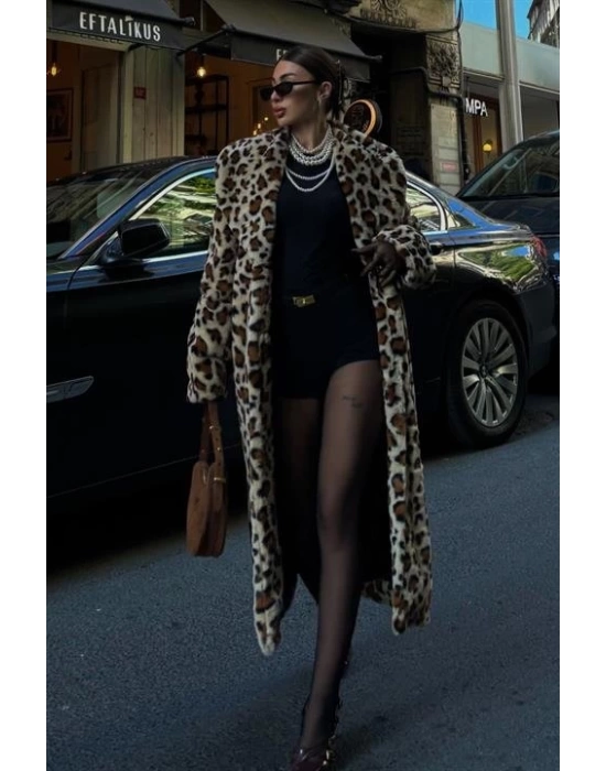 Leopar Desenli İçi Astarlı Peluş Kaban 7065