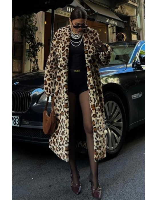 Leopar Desenli İçi Astarlı Peluş Kaban 7065