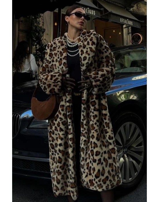 Leopar Desenli İçi Astarlı Peluş Kaban 7065