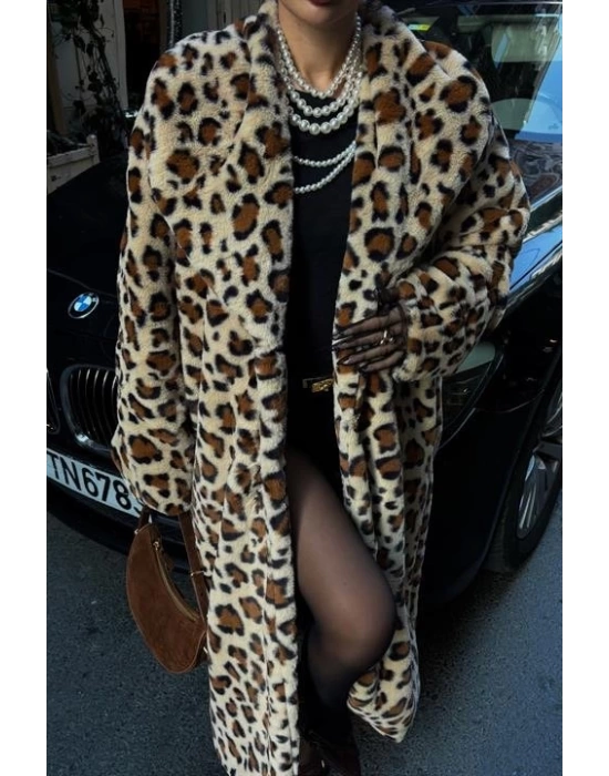 Leopar Desenli İçi Astarlı Peluş Kaban 7065