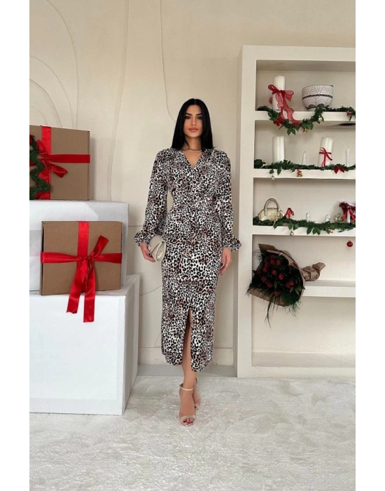 Leopar Önü Yırtmaçlı V Yaka Elbise