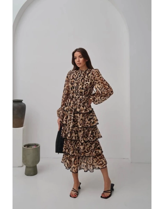 Leopar Volanlı Şeritli Uzun Elbise