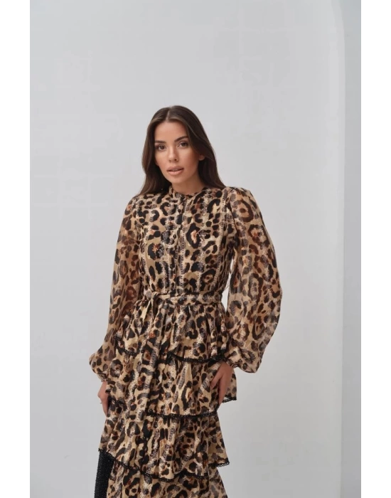 Leopar Volanlı Şeritli Uzun Elbise