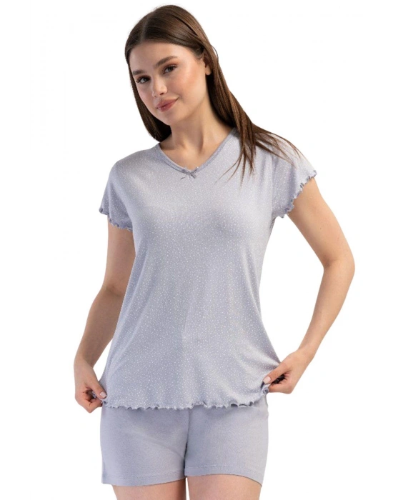 Likralı Viskon V Yaka Kısa Kol Eteği Oval Şort Tak