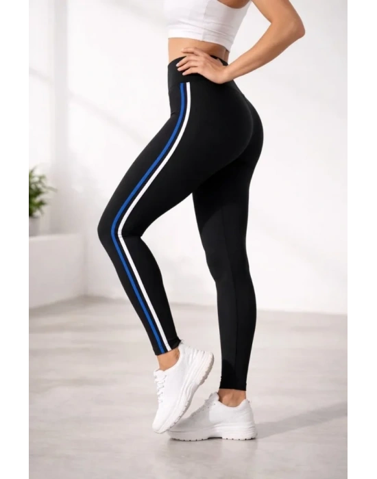 Likralı Yan Beyaz Mavi Şeritli Detaylı Tayt - Siyah