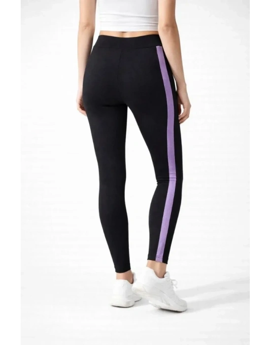 Likralı Yan Lila Şeritli Detaylı Tayt - Siyah