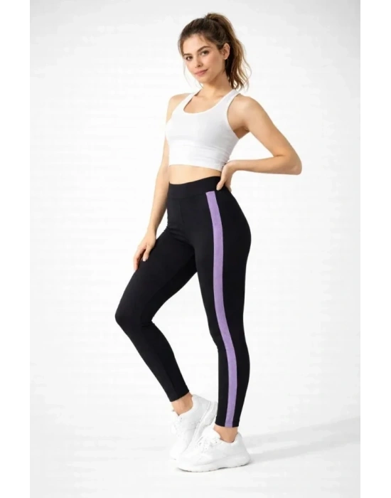 Likralı Yan Lila Şeritli Detaylı Tayt - Siyah