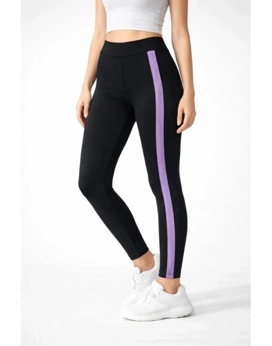 Likralı Yan Lila Şeritli Detaylı Tayt - Siyah