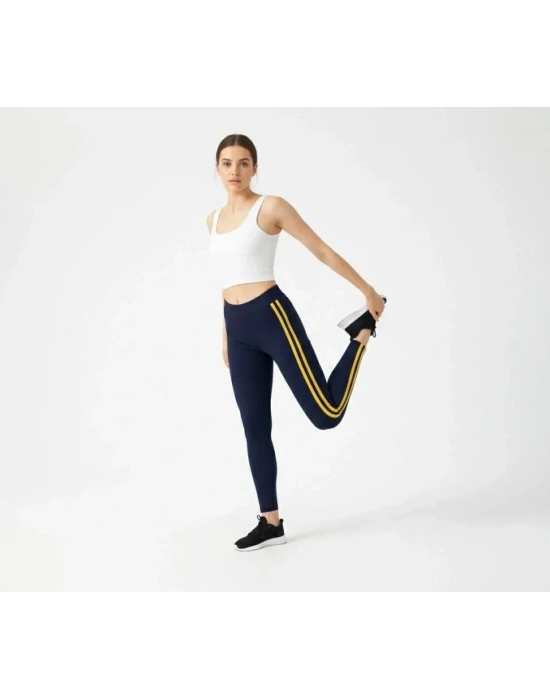 Likralı Yan Sarı Şeritli Detaylı Tayt - Siyah