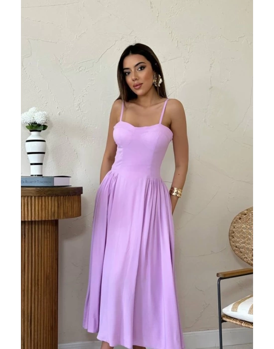 Lila Göğüs Kuplu Uzun Büzgülü Elbise