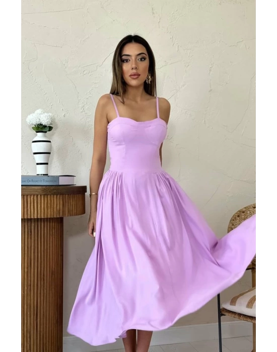 Lila Göğüs Kuplu Uzun Büzgülü Elbise