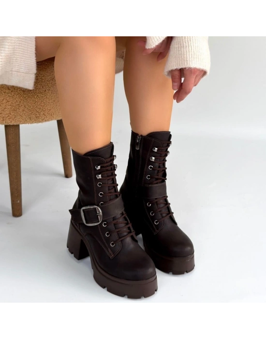 Linma Acı Kahve Cilt Bağcıklı Topuklu Bot