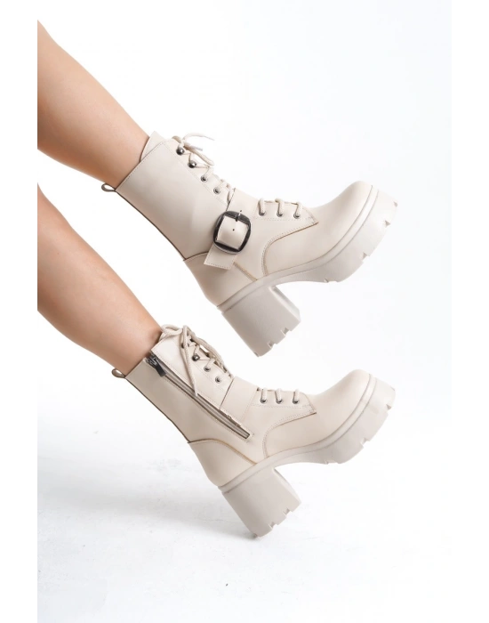 Linma Bej Cilt Bağcıklı Topuklu Bot