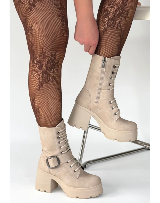 Linma Bej Nubuk Bağcıklı Topuklu Bot