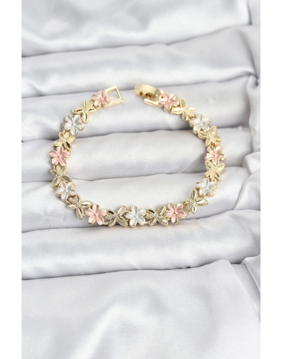 Lotus Model Pirinç Gold ve Pembe Renk Kadın Bileklik