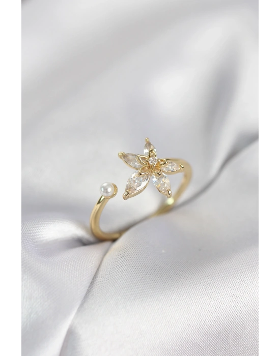 Lotus Model Zirkon Taşlı Gold Renk Kadın Yüzük