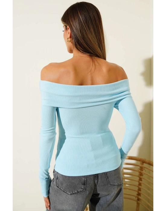 Madonna Yaka Düğmeli Bluz Mavi t4329